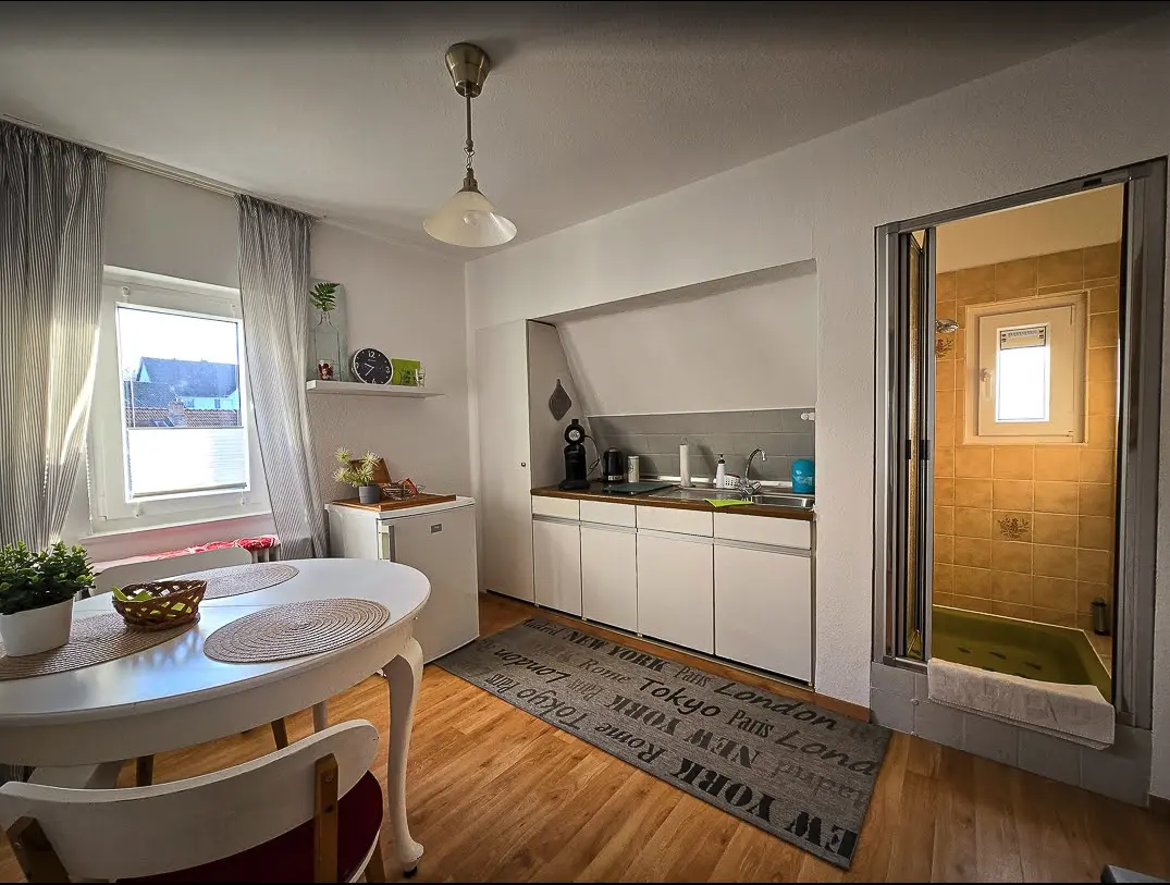 Küche mit Blick in die Dusche der Ferienwohnung 5 in Bad Pyrmont