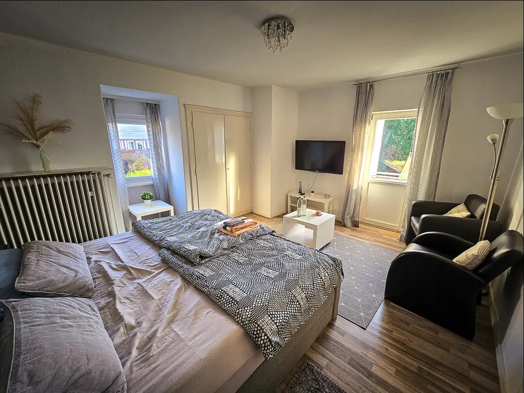 Wohn- und Schlafbereich mit Sitzecke in der Ferienwohnung 5 in Bad Pyrmont